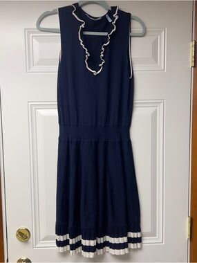 Draper James Navy Ruffle Dress with White Trim Size L Preppy Coastal Tennis